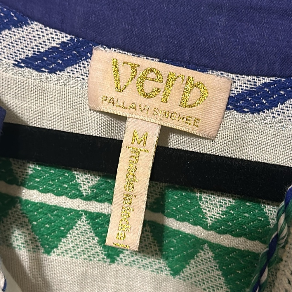 Anthropologie White Top with Blue and Green Geometric Print - Picture 9 of 16